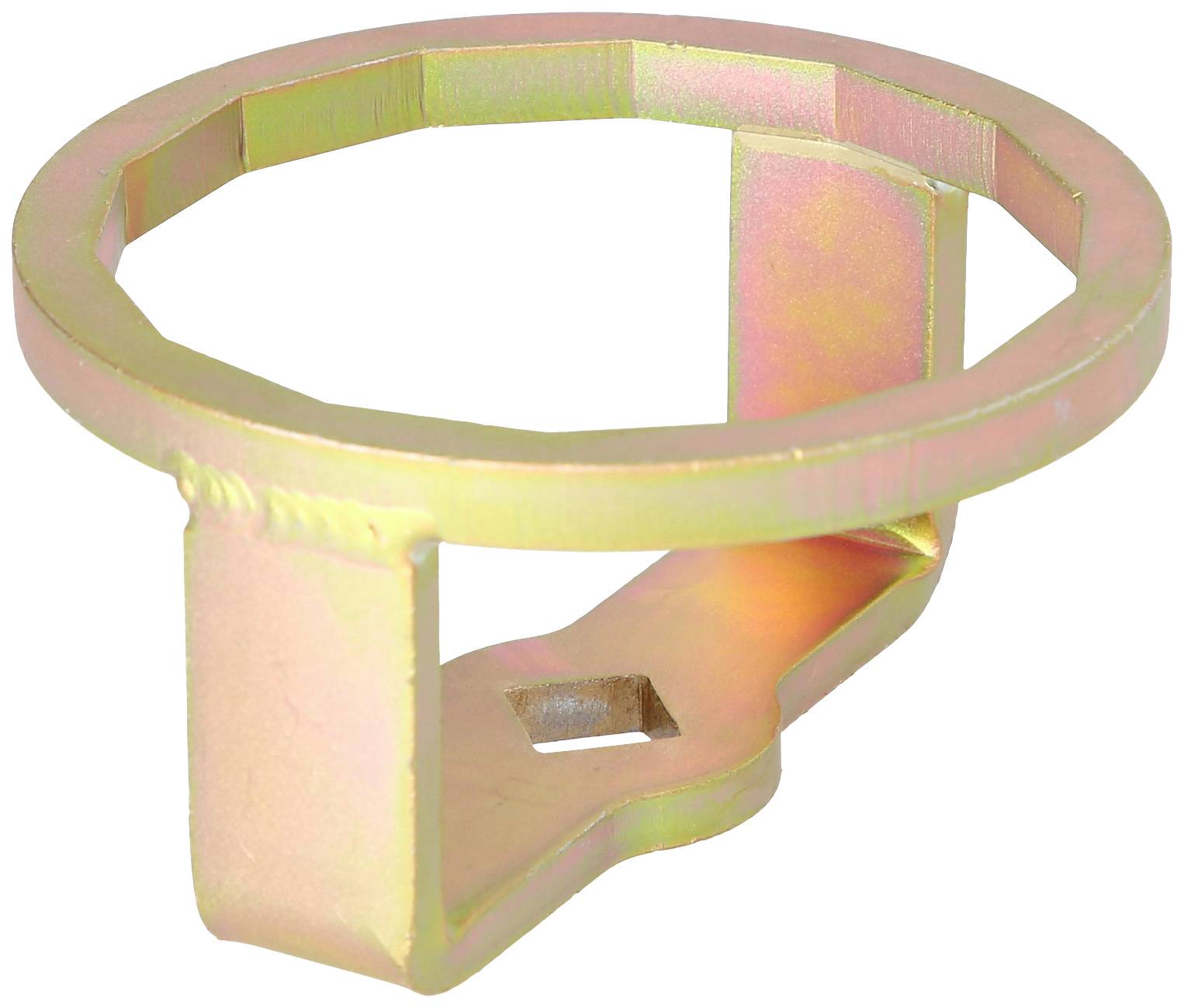 Metallischer, sechseckiger Ölfilter-Schlüssel mit offener Ringform und einem kleinen quadratischen Loch auf der Oberseite.