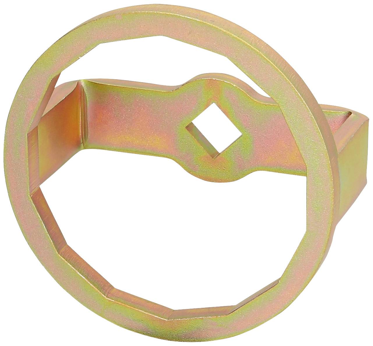Ein metallischer Schraubschlüssel mit achteckigem Ring und Diamantausschnitt, vermutlich für spezielle Befestigungsteile genutzt.