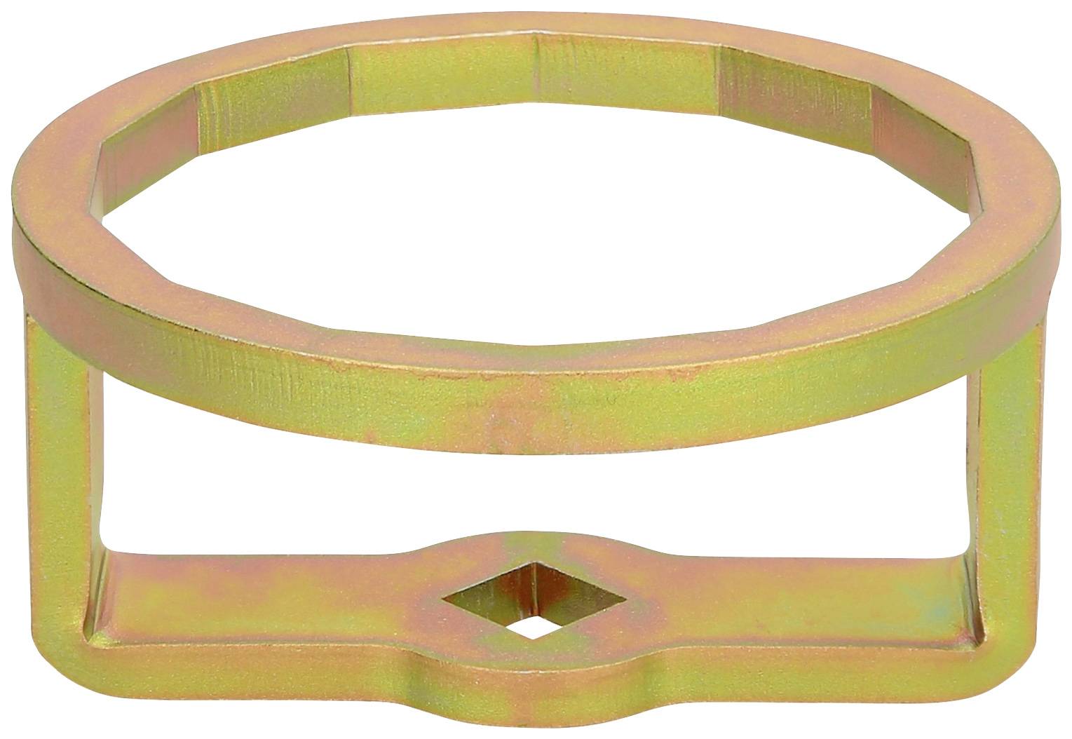 Metallhalterung mit achteckigem Ring und rechteckiger Basis. Hauptsächlich in goldener Farbe mit einem kleinen quadratischen Loch in der Mitte der Basis.