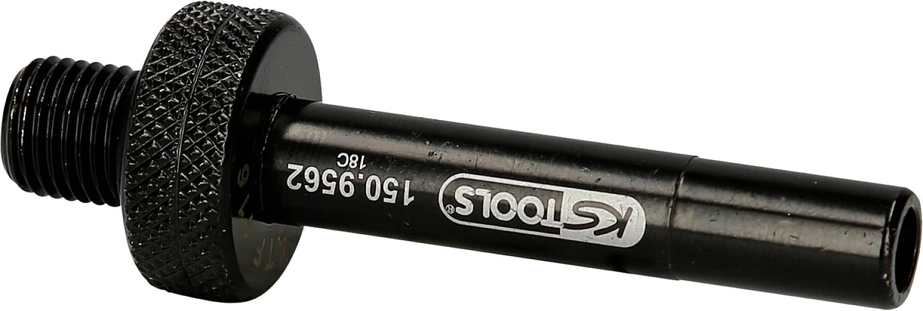 Ein schwarzer Metalladapter mit einem Gewinde auf der linken Seite und einer zylindrischen Verlängerung trägt die Aufschrift 'ks tools'.
