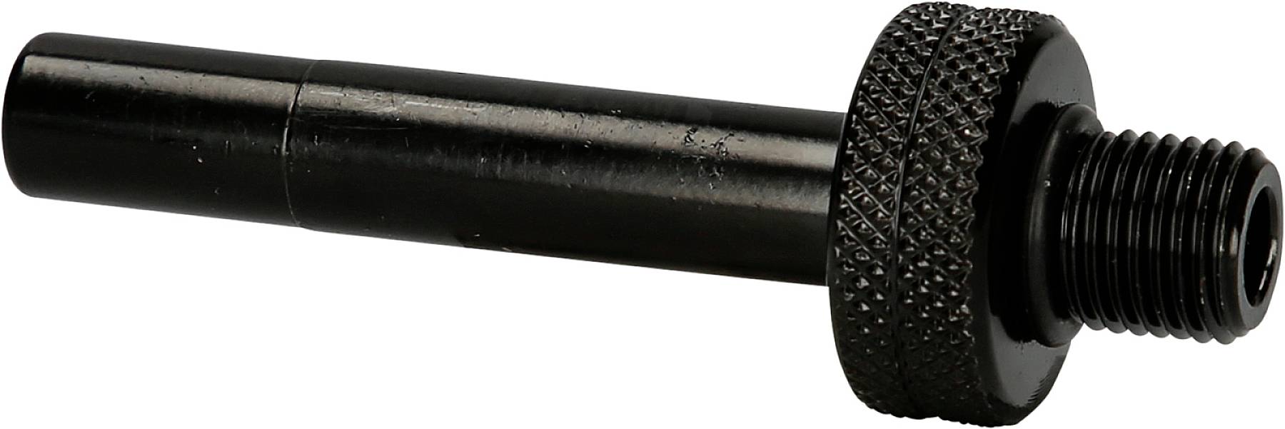 Schwarzer Metalladapter mit gerändeltem Griff, zylindrischem Schaft und Schraubgewinde, vermutlich für maschinelle Befestigungen.