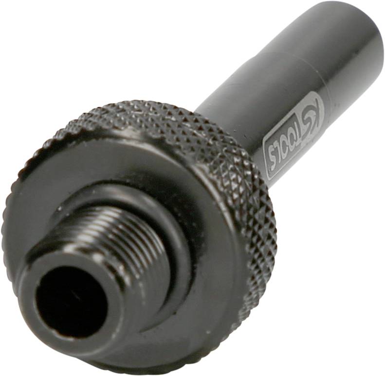 Ein schwarzer Adapter mit gerändeltem Griff und Gewinde, verwendet für präzise Werkzeugbefestigungen in mechanischen Anwendungen.
