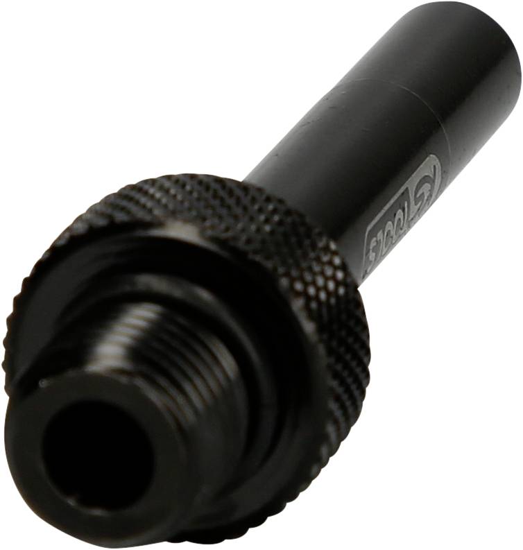 Schwarzes Metallteil mit gerändeltem Gewinde. Könnte ein Adapter oder Anschlussstück für technisches oder mechanisches Gerät sein.