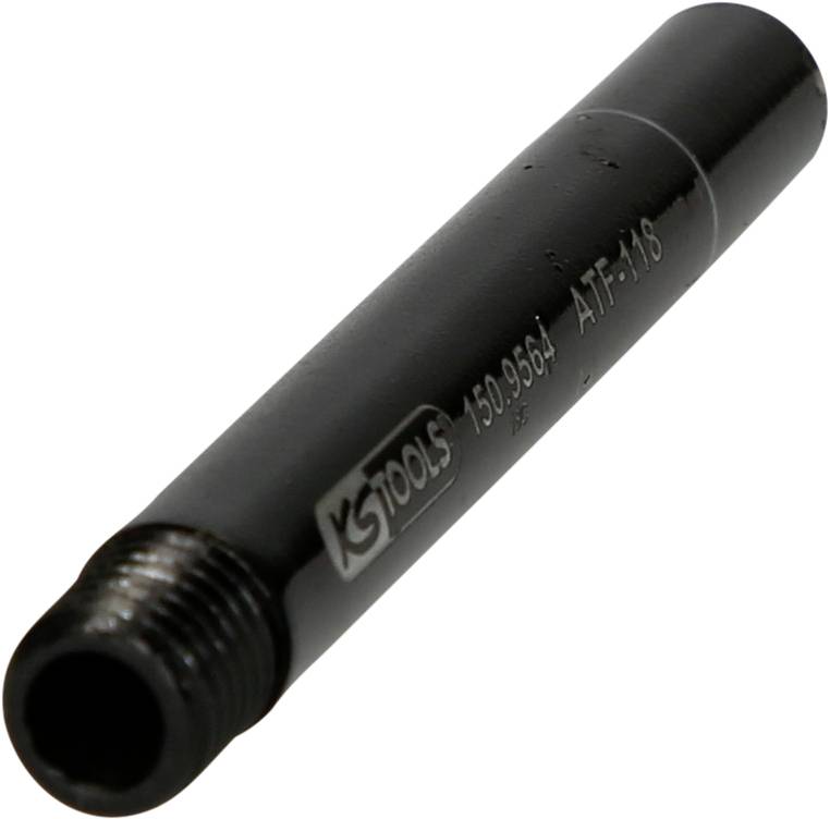 Ein schwarzer zylindrischer Adapter mit Gewinde, beschriftet mit 'KS TOOLS 150.9364 ATF-118', für mechanische Verbindungen.