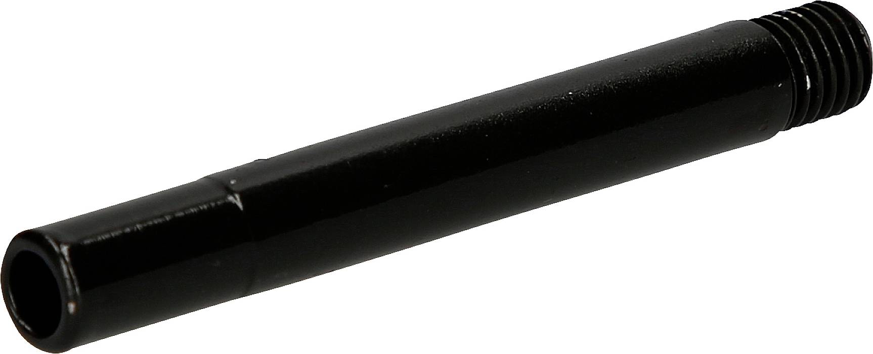 Ein schwarzer Metallzylinder mit einem Gewinde an einem Ende, möglicherweise ein Maschinenteil oder eine Schraubenverlängerung.