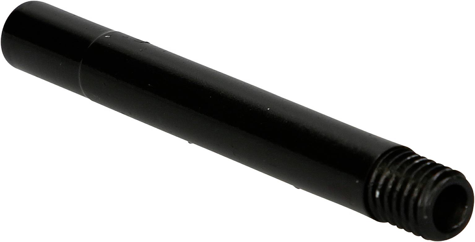 Ein schwarzer Metallstift mit feinem Gewinde an einem Ende, horizontal ausgerichtet.