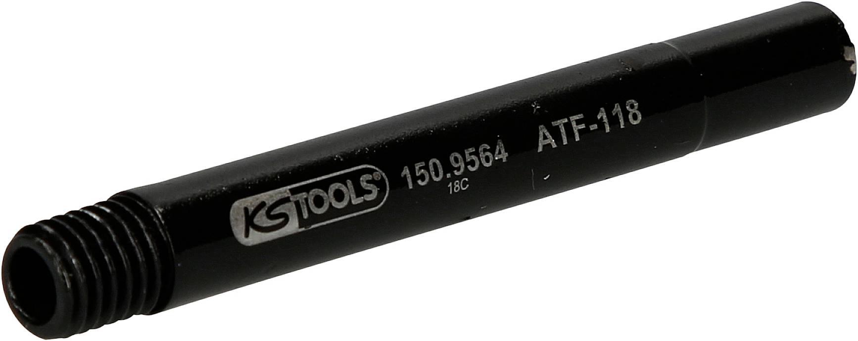 Ein schwarzer Bolzen mit der Aufschrift 'KS TOOLS 150.9564 ATF-118', wahrscheinlich ein Werkzeugteil oder eine Komponente.
