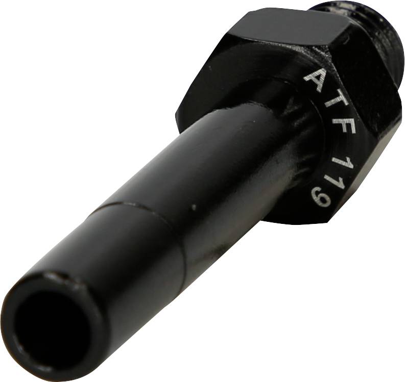 Nahaufnahme eines schwarzen, metallischen Adapters mit Beschriftung 'ATF 119' an der Seite, möglicherweise ein Anschlussstück für Flüssigkeiten.
