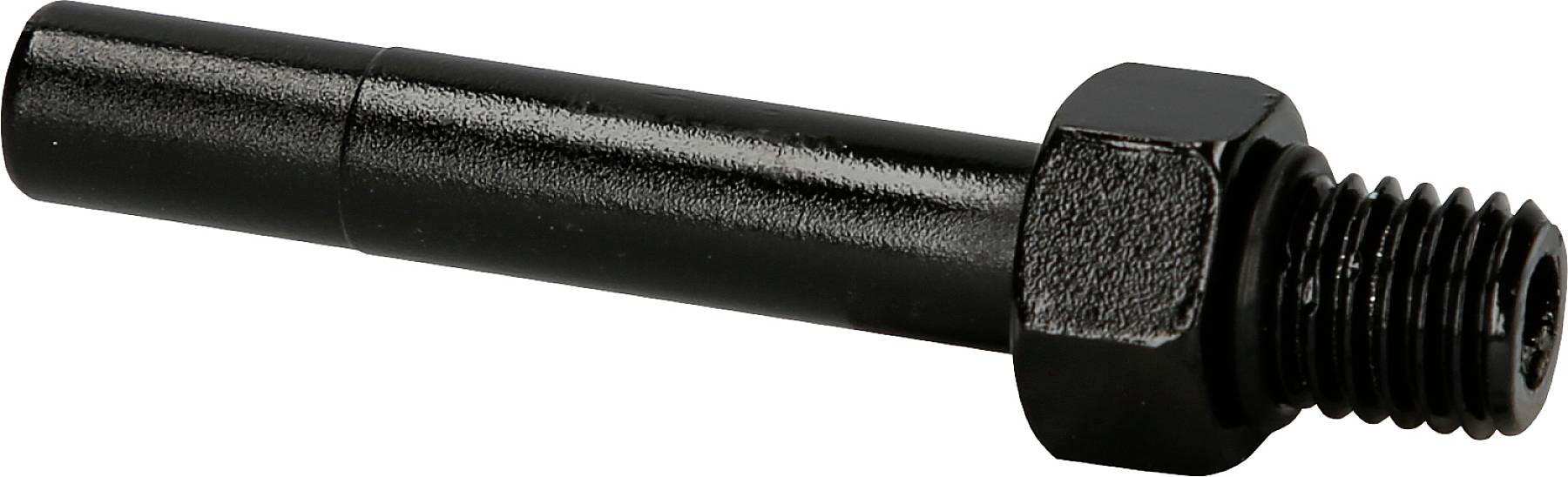 Ein schwarzer Metallbolzen mit einem zylindrischen Schaft und einem sechseckigen Schraubenkopf.
