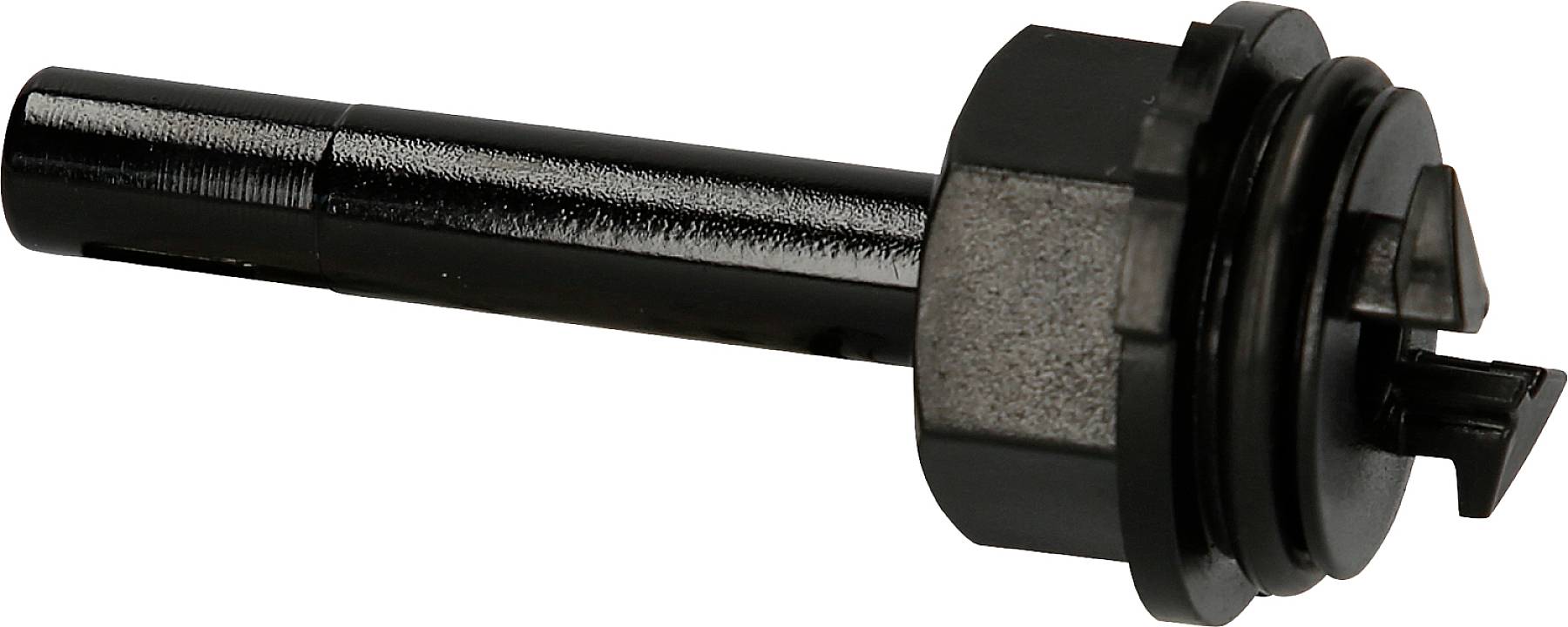 Ein schwarzer, zylindrischer Stift mit einem hexagonalen Kopf und ringsum Dichtungen, möglicherweise ein Ventil oder eine Verschlussschraube.