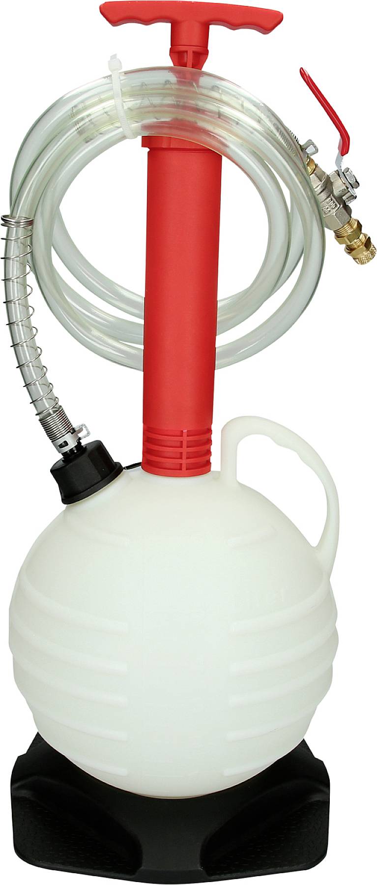 Handpumpe mit rotem Griff, transparenter Schlauch, schwarzem Ständer und weißem Behälter; geeignet zum Flüssigkeitstransfer.