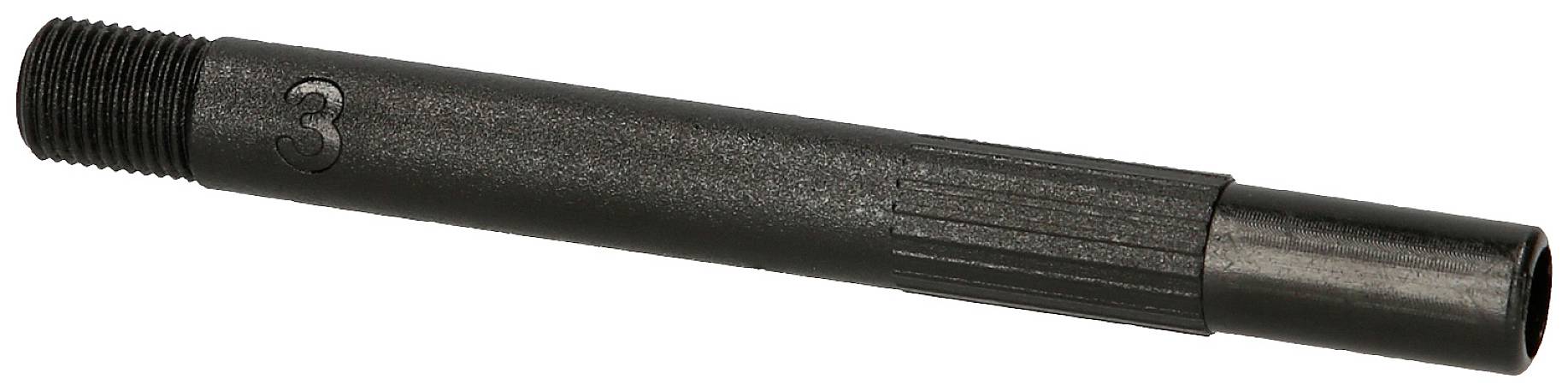 Schwarzer Metallstab mit Gewinde an einer Seite und der Zahl '3' eingraviert. Verwendet als Verlängerungsstück in Montagearbeiten.