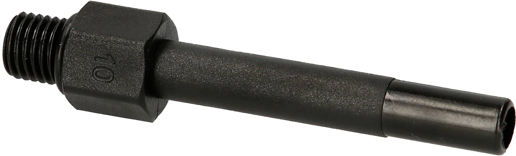 Ein schwarzes Kunststoffrohr mit Gewinde an einem Ende und glattem Verlängerungsstück. Möglicher Anschluss oder Adapter.