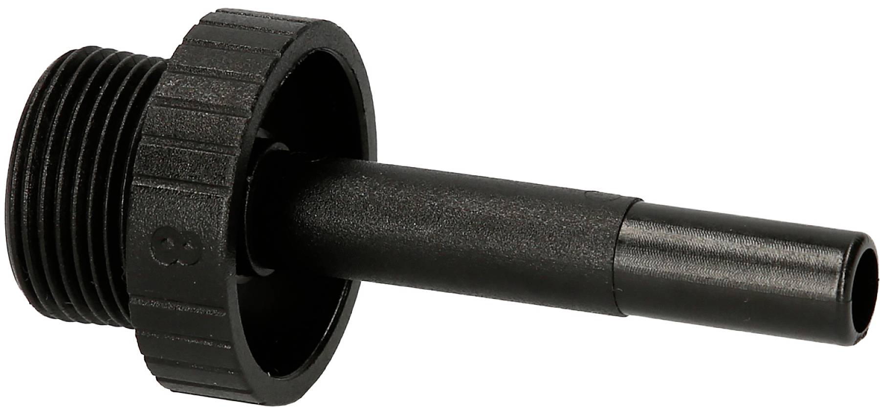 Schwarzes Plastikadapter mit Innengewinde auf der linken Seite und einem schmalen, zylindrischen Auslauf auf der rechten Seite.