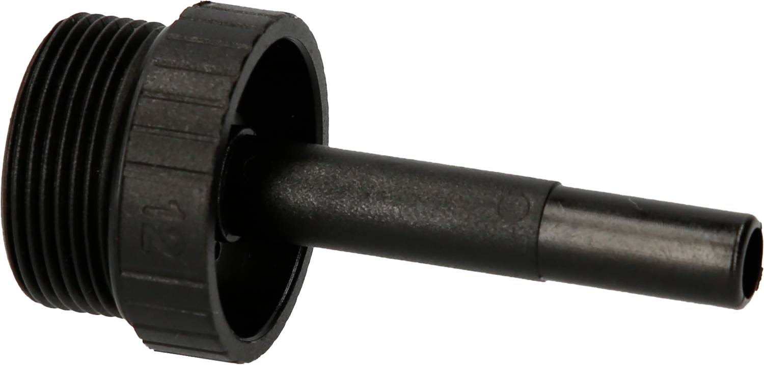 Ein schwarzer Kunststoffadapter mit einem kurzen Rohr. Der Adapter hat ein Schraubgewinde und wird vermutlich für Schläuche verwendet.
