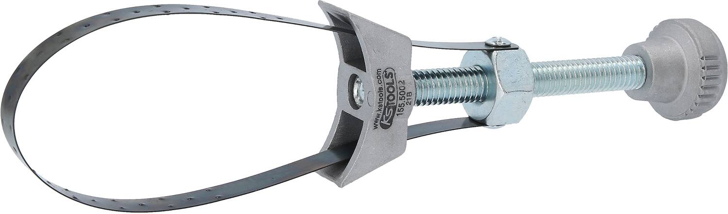 Ein Ölfilter-Schlüssel mit verstellbarem Metallband und Griff zum einfachen Lösen von Ölfiltern an Autos oder Maschinen.