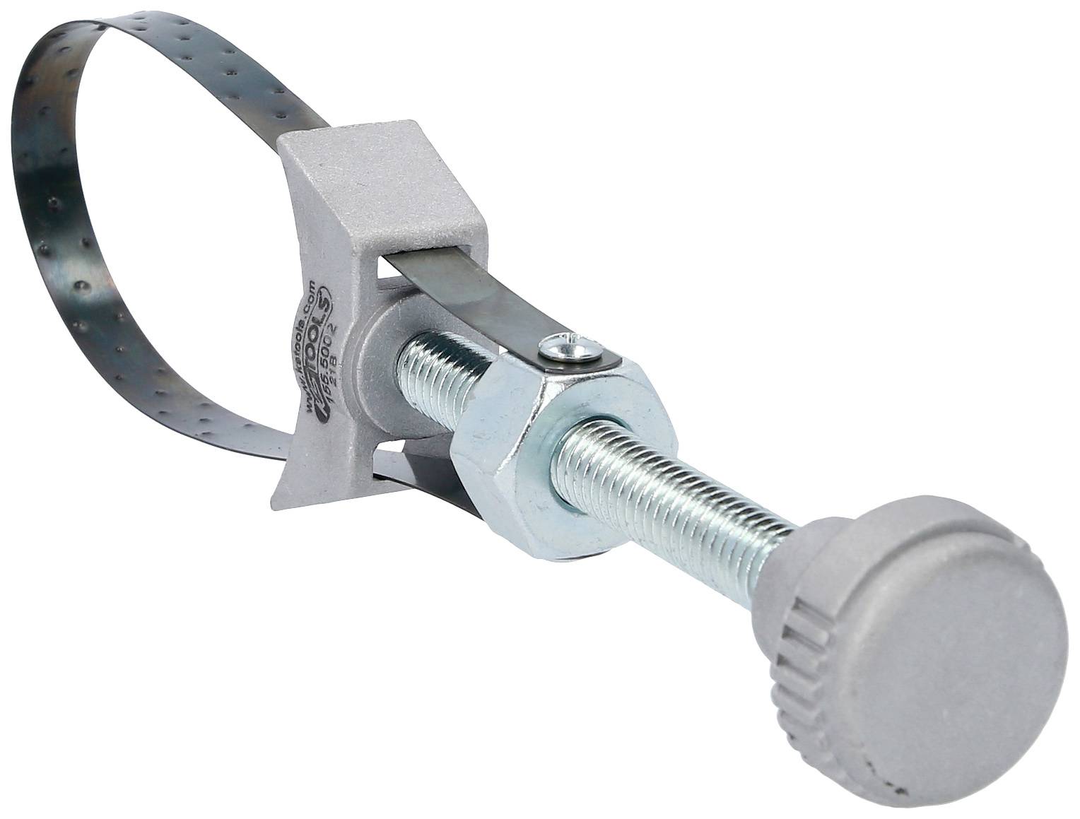 Ein Metall-Spannwerkzeug mit einem Schraubenmechanismus und einem flexiblen Band. Wird zur Fixierung von Bauteilen verwendet.