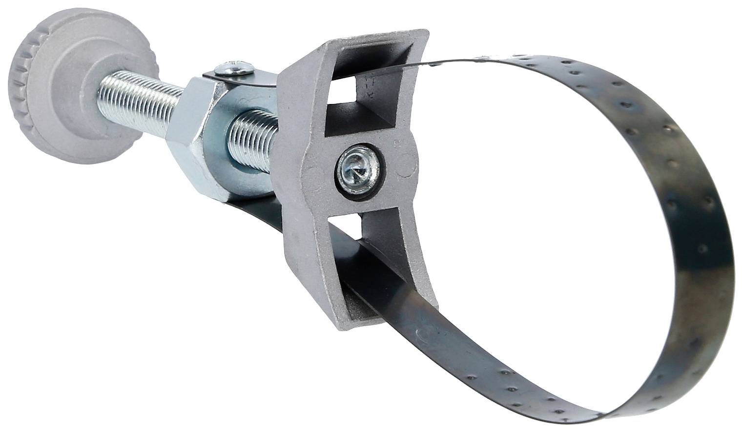 Ein Metallwerkzeug mit Schraubmechanismus und flexibler Metallschlaufe, wahrscheinlich zum Festziehen von Gegenständen.