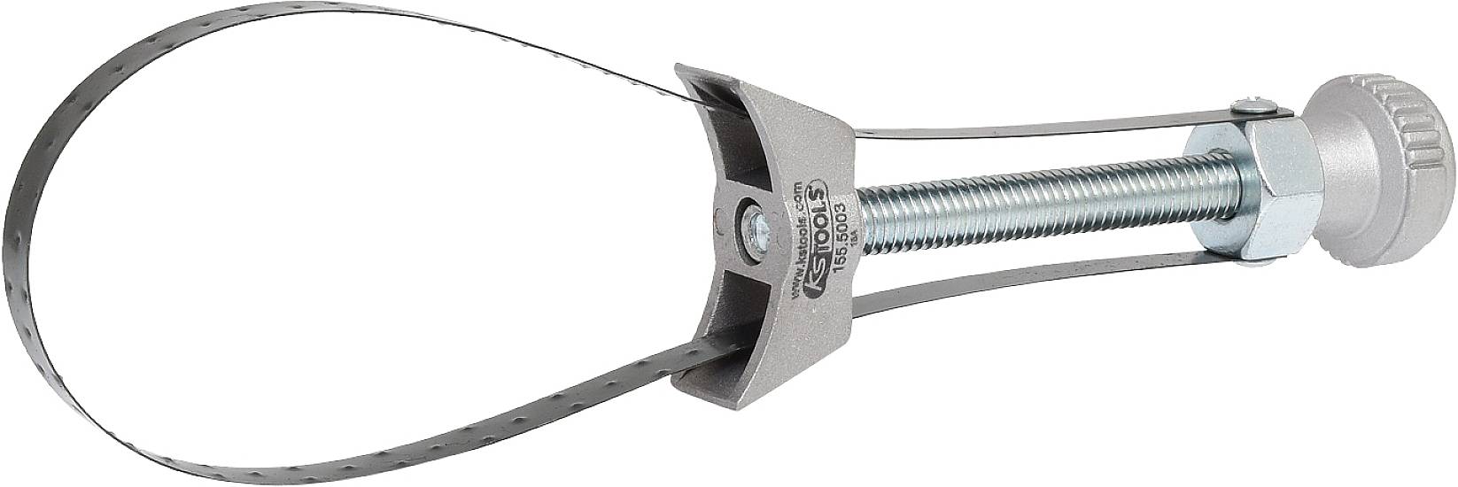 Ölfilterspinne zum Entfernen von Ölfiltern mit verstellbarem Metallband und Schraubmechanismus zur Befestigung an Filtern verschiedener Größen.