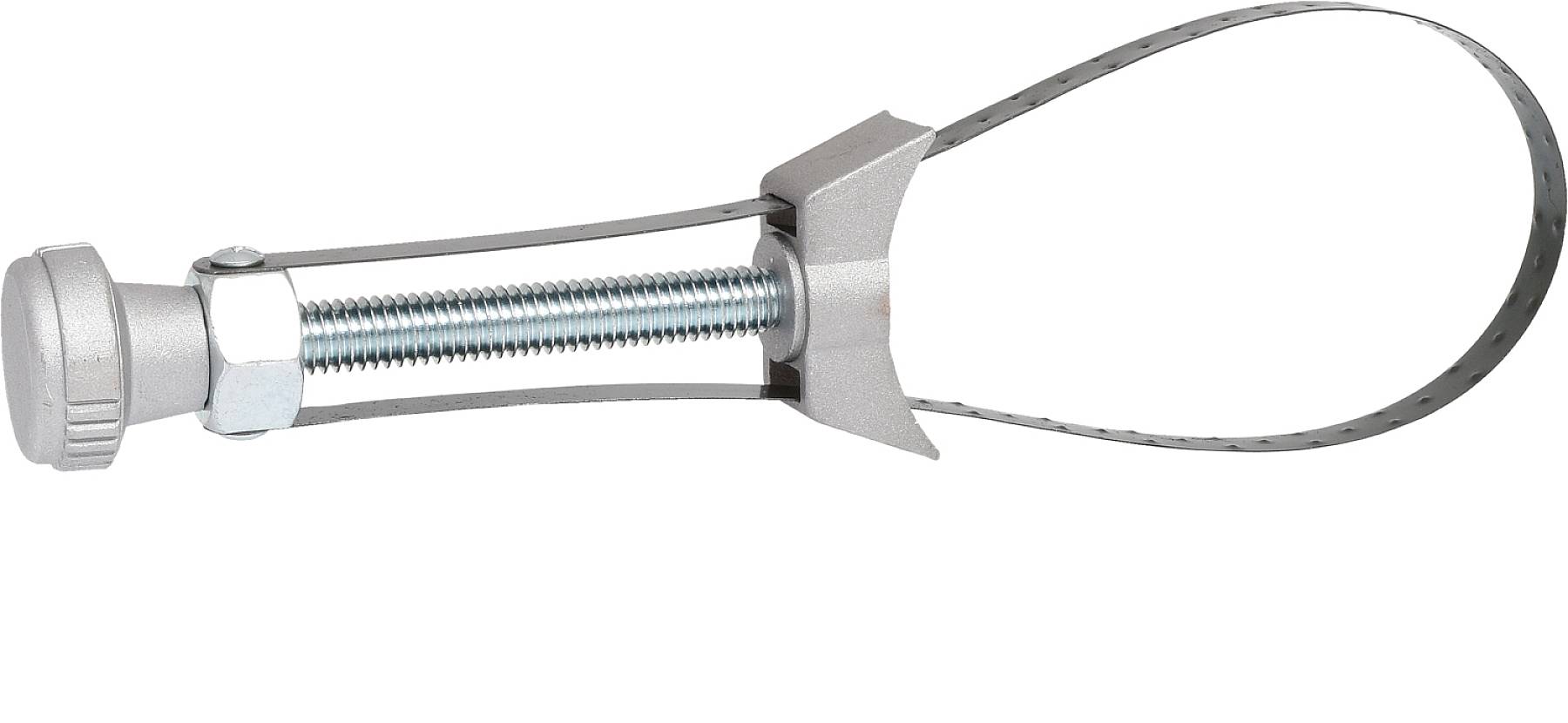 Ein verstellbarer Rohrhalter aus Metall mit Schraube und Klemmband, zur Befestigung von Rohren in der Sanitärinstallation geeignet.