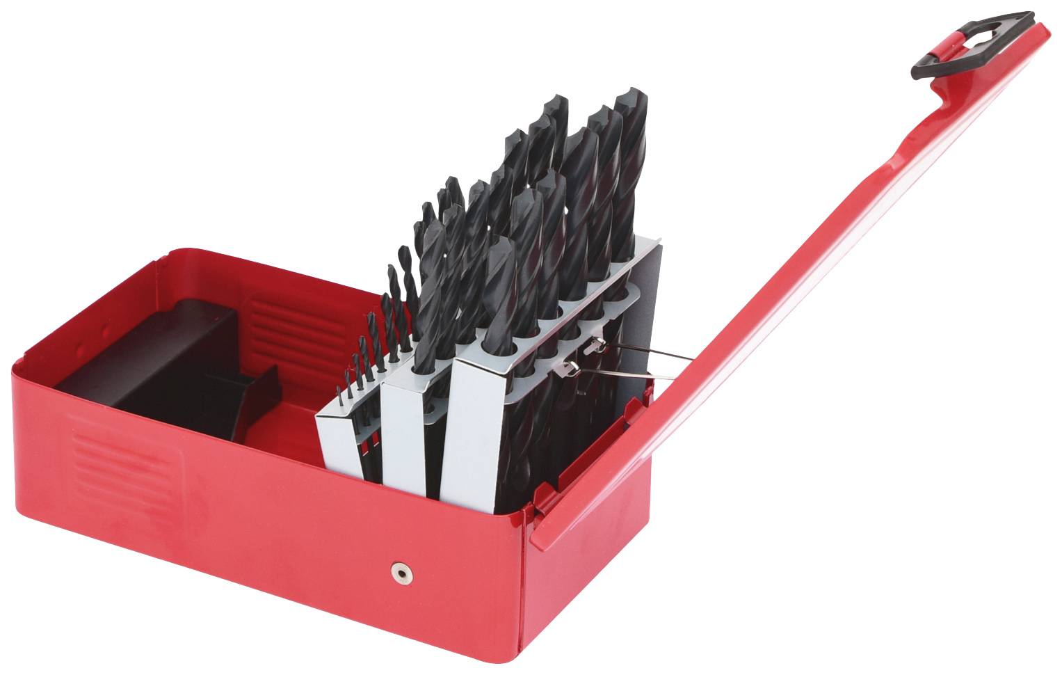 Roter Metallkoffer mit geöffnetem Deckel, gefüllt mit verschiedenen Bohrern in unterschiedlichen Größen, aufgereiht in einem Halter.