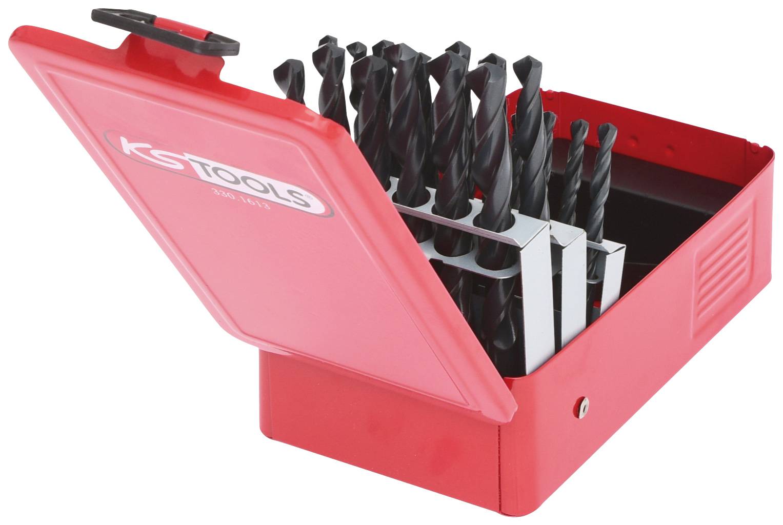 Roter Bohrersatzkasten offen, gefüllt mit verschiedenen Bohrern.