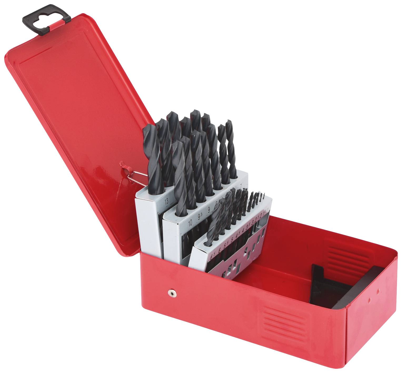 Ein rotes Bohrerset mit verschiedenen Bohrern in verschiedenen Größen, geöffnet mit sichtbarem Inhalt. Ideal für Heimwerken.