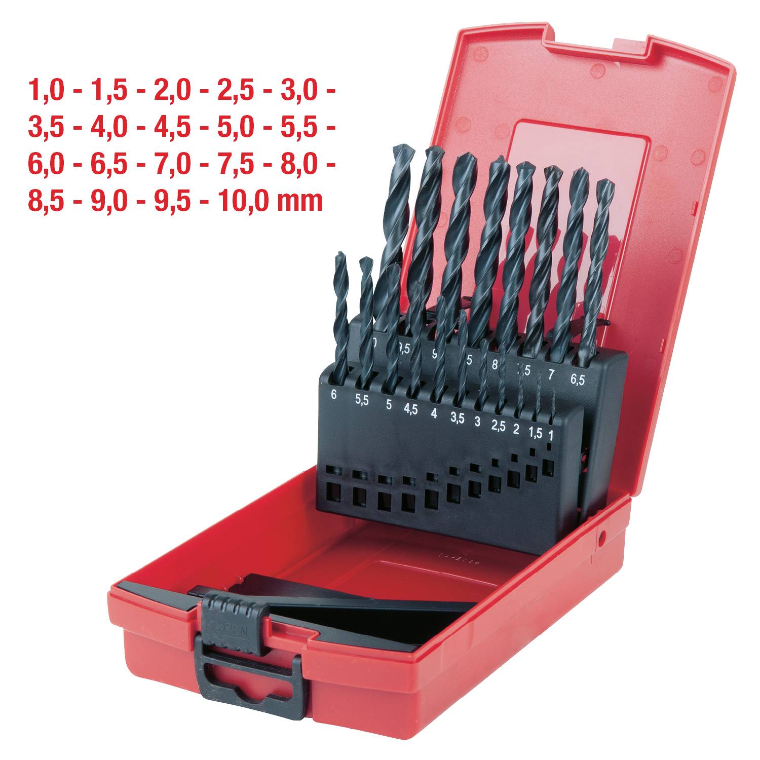 Ein rotes Etui mit Bohrer-Set von 1,0 mm bis 10,0 mm in gestaffelten Größen. Bohrer sind aufrecht platziert mit deutlicher Beschriftung.