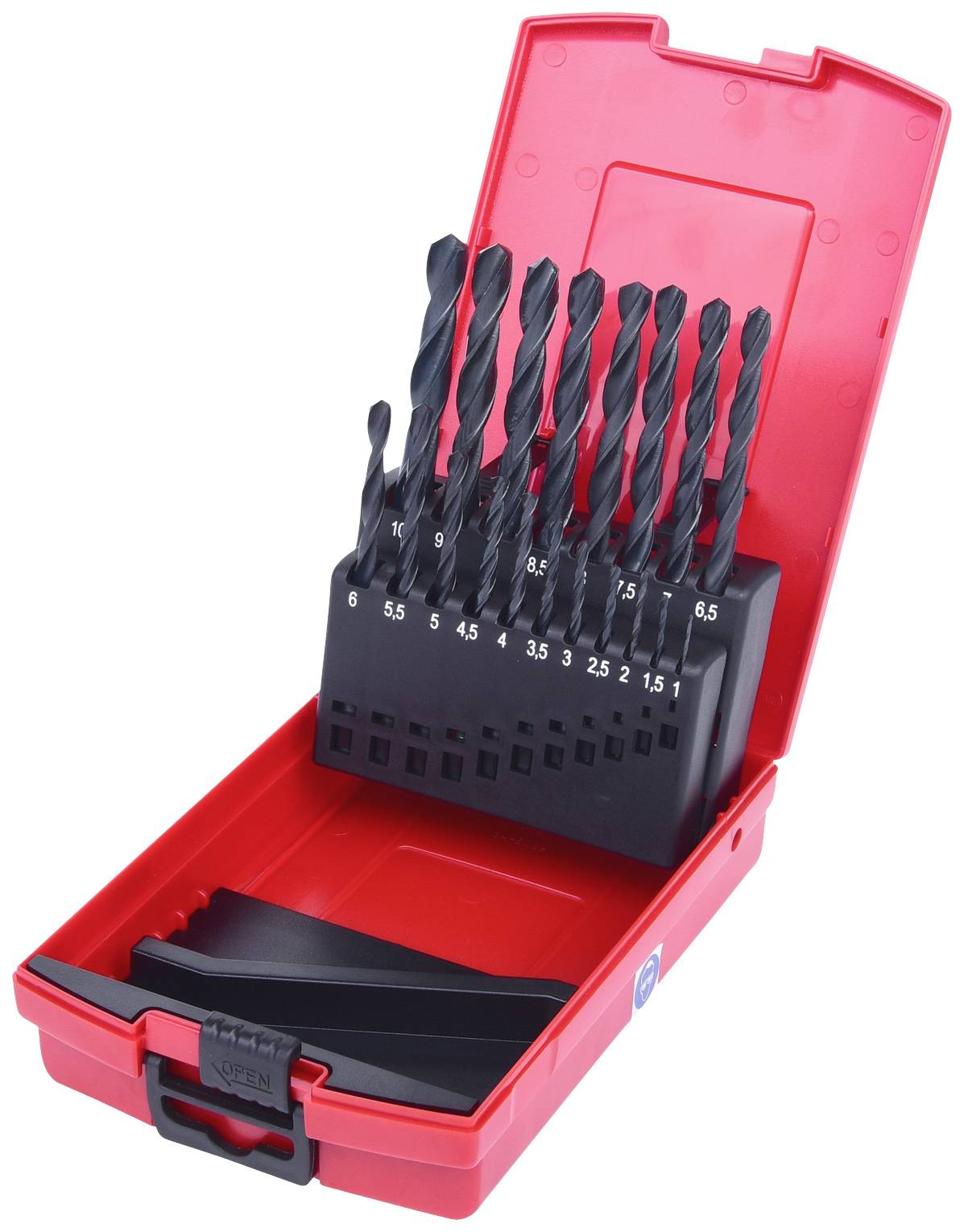 Roter Kunststoffkoffer mit verschiedenen Bohrergrößen, von 1 bis 10 mm, sauber angeordnet in einer Halterung.