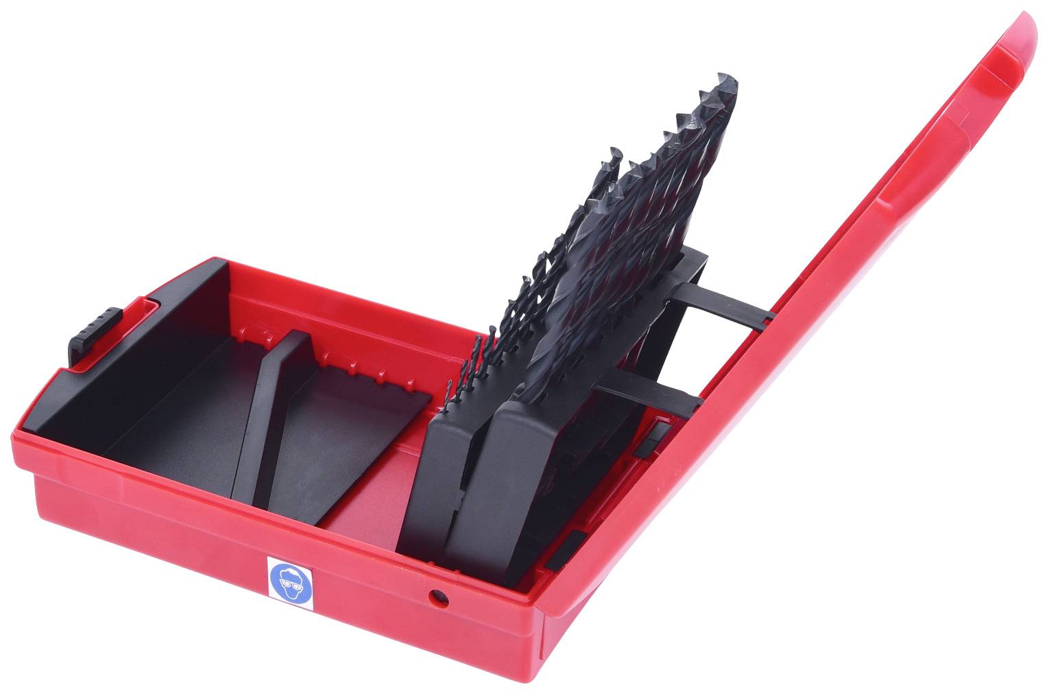 Eine rote Mausefalle mit geöffnetem Deckel und einem schwarzen Sperrriegel. Sie ist bereit zur Aufstellung.