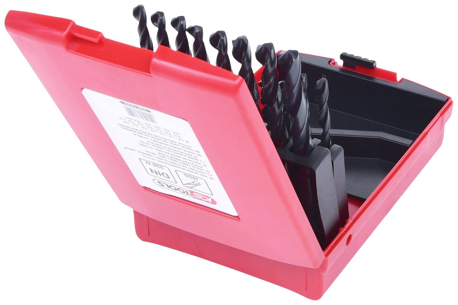 Ein rotes Etui mit einem Set von Metallbohrern verschiedener Größen, offen präsentiert. Übungen für Handwerker zur Auswahl.