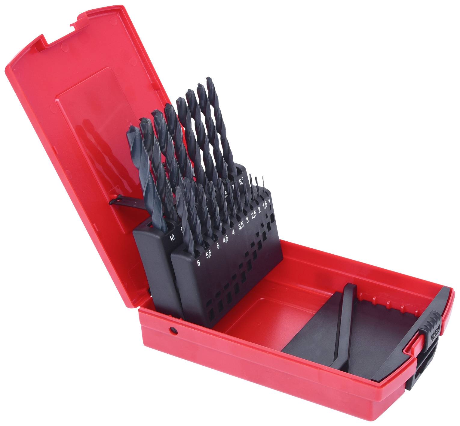 Ein roter Kasten mit einem Set von Bohrern in verschiedenen Größen, die in Schlitzen sortiert sind.