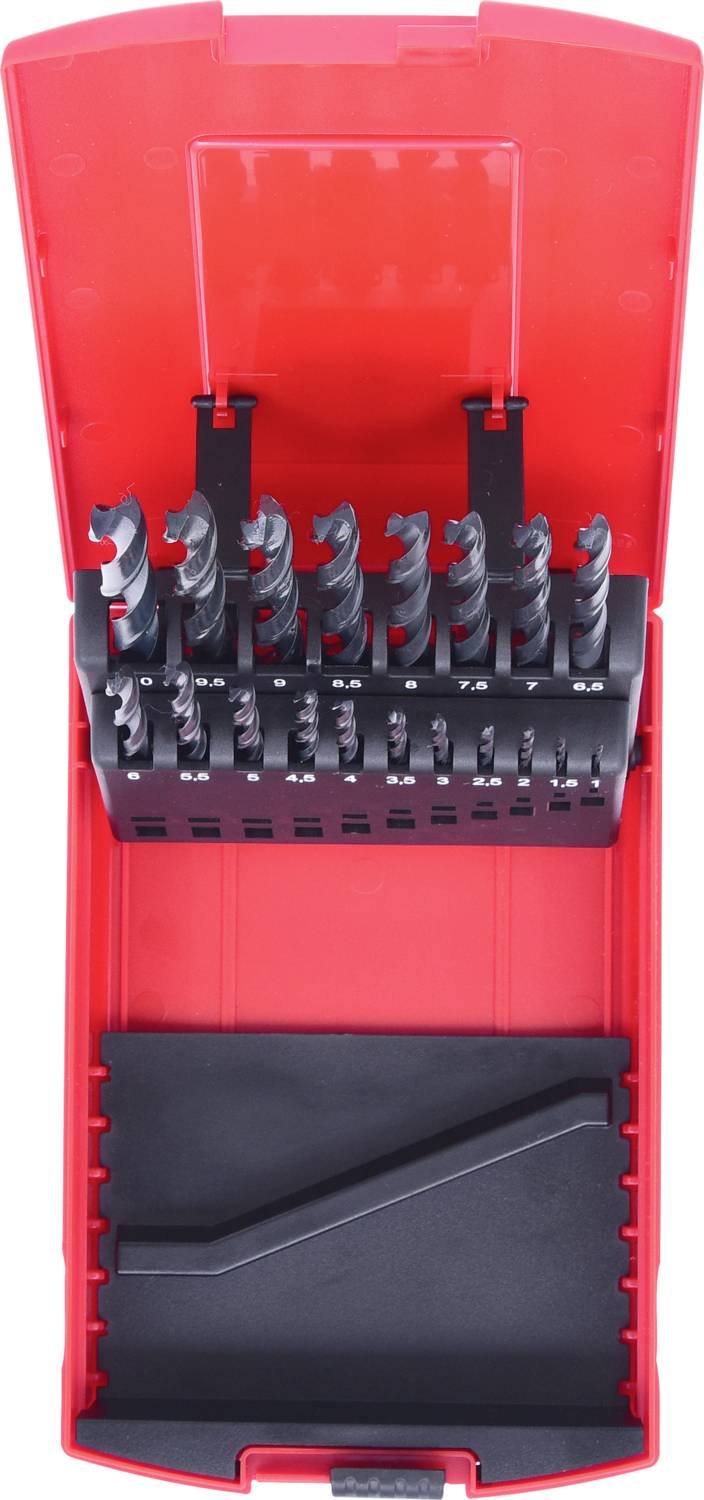 Rote Plastikkassette mit verschiedenen Bohrern in mehreren Größen, in Halterungen geordnet. Ideal für Heimwerker-Projekte.