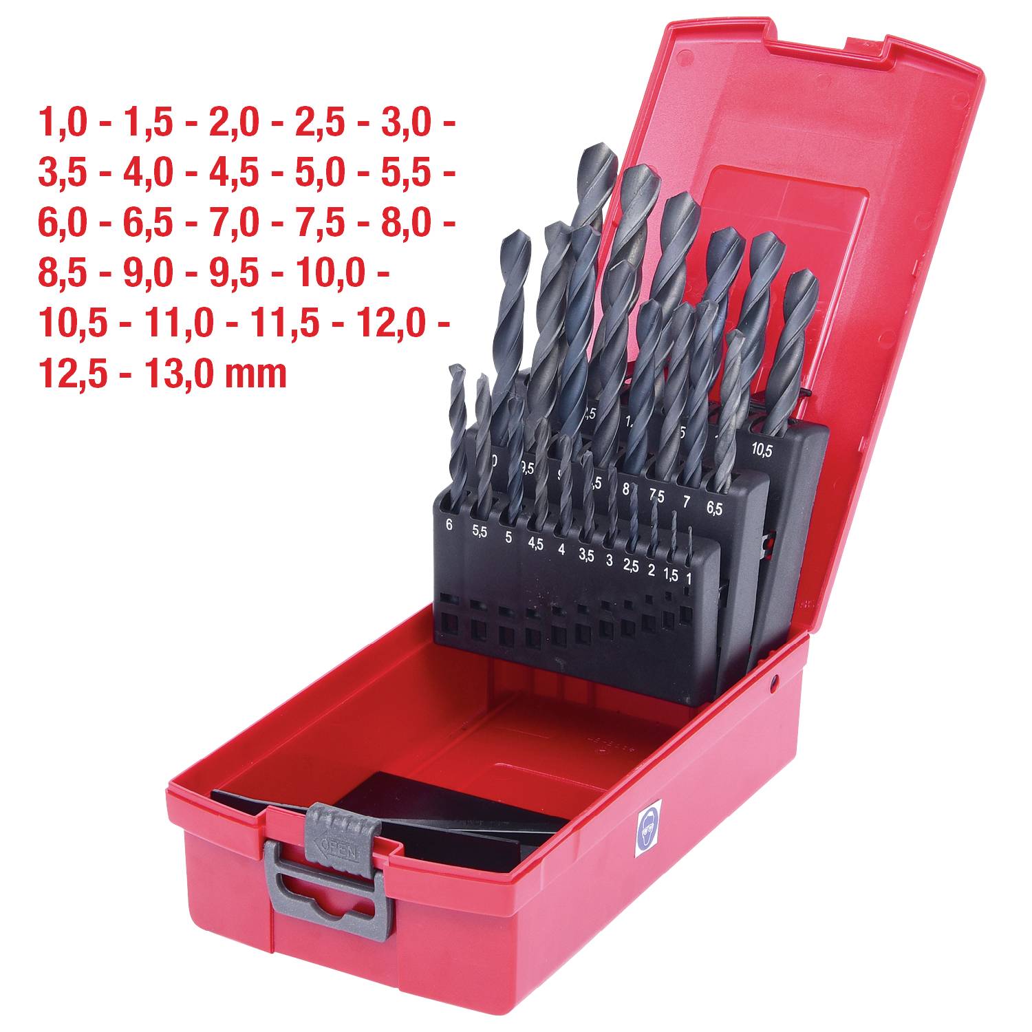Roter Bohrer-Setkoffer mit verschiedenen Bohrergrößen von 1,0 bis 13,0 mm in einer Halterung, offen präsentiert.
