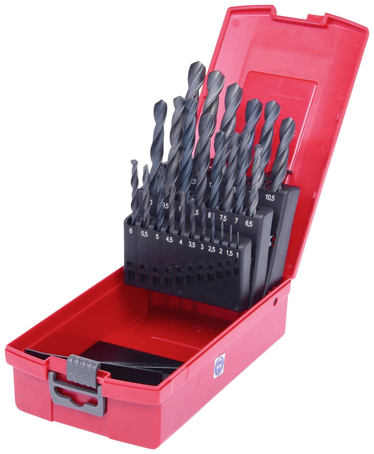 Roter Kasten mit einem Satz von 19 Bohrern in verschiedenen Größen, ordentlich aufgereiht, für Metallarbeiten.