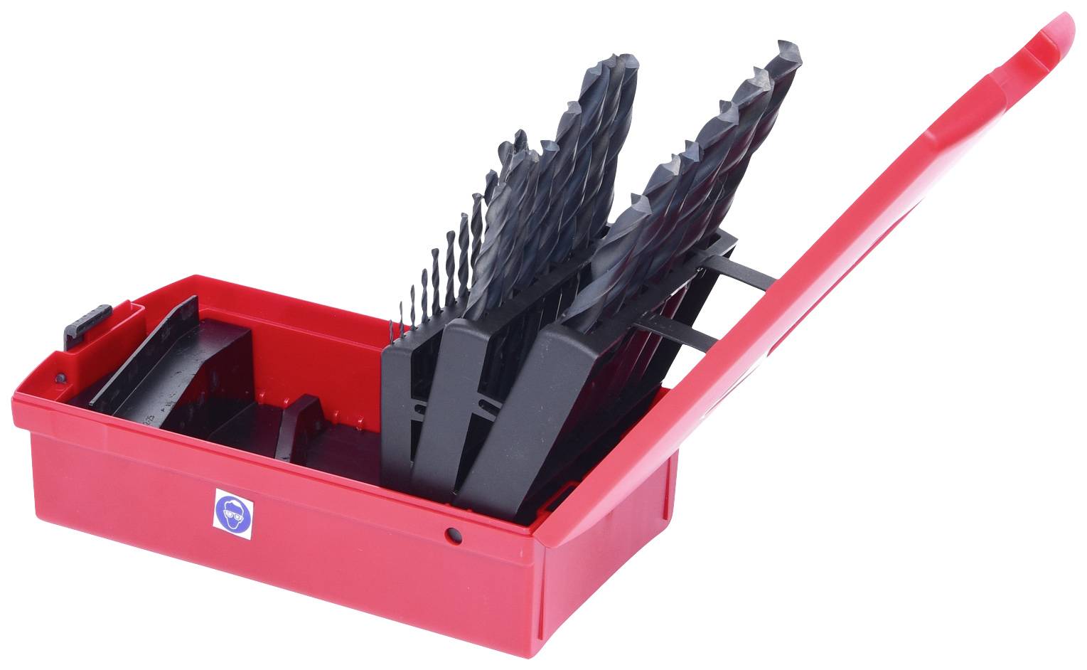 Roter Werkzeugkasten mit geöffnetem Deckel, enthält verschiedene Bohrer in unterschiedlichen Größen, vertikal angeordnet.