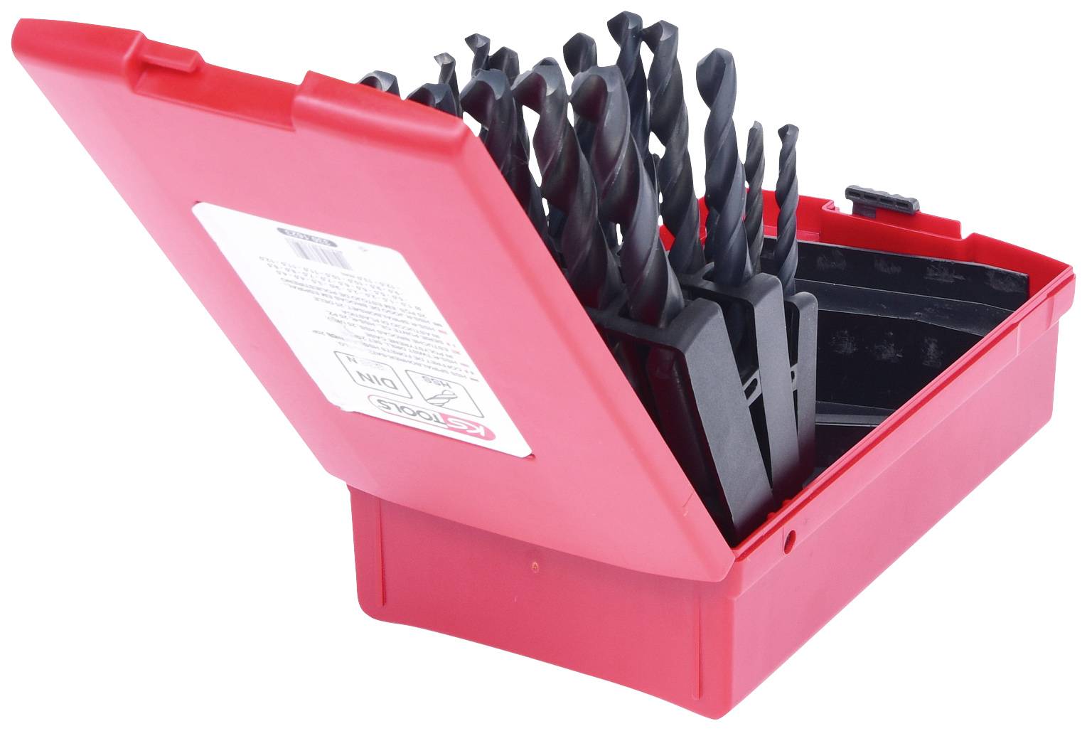 Ein roter Behälter mit geöffnetem Deckel, gefüllt mit verschiedenen schwarzen Bohrern, die organisiert eingesteckt sind.