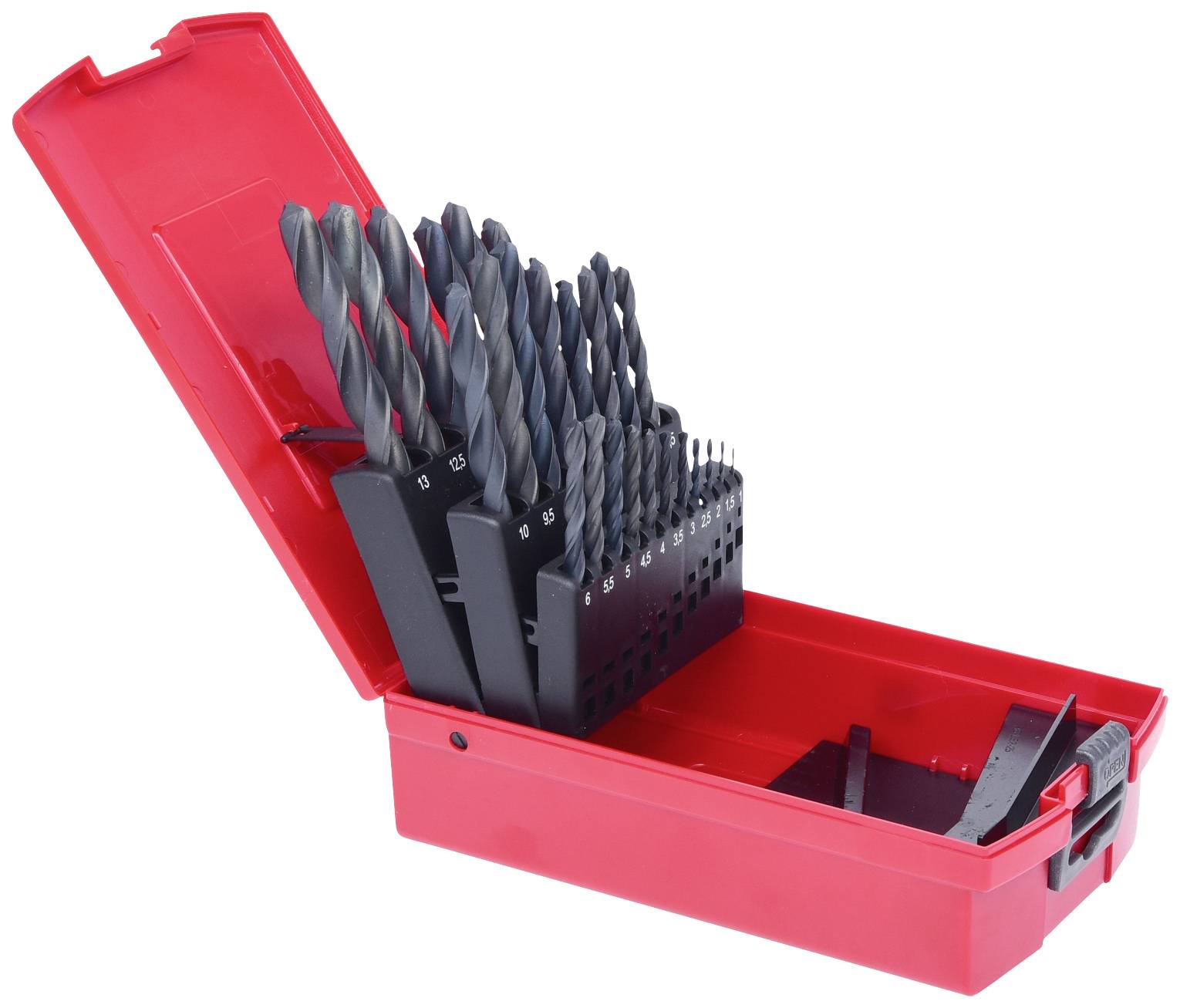 Roter Koffer mit verschiedenen Größen von Bohrern, aufrecht stehend, in einem Einsatz organisiert.