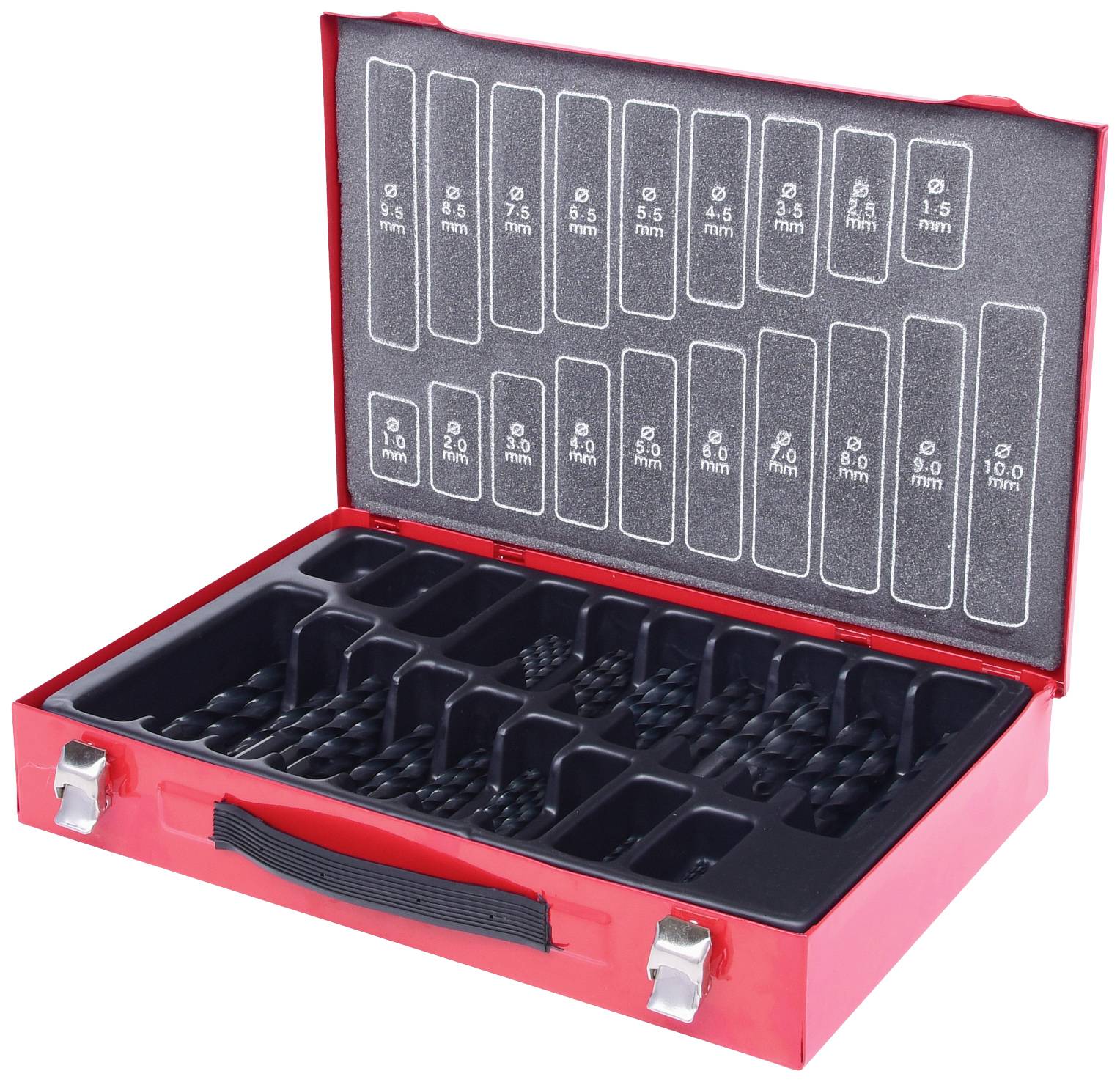 Roter Werkzeugkasten mit geöffnetem Deckel zeigt verschiedene Bohrereinsätze in nummerierten Fächern, geordnet nach Größe von 3 bis 10 mm.