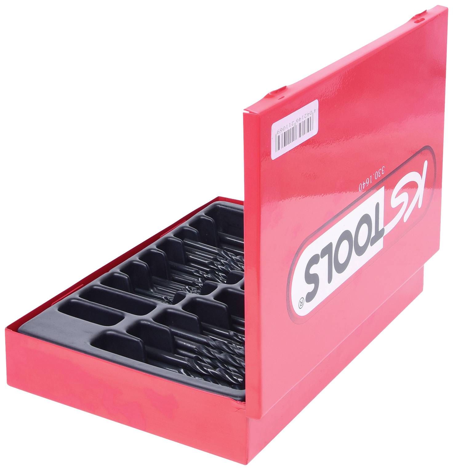 Rote Kunststoffbox mit 'KS TOOLS'-Logo, enthält ein Set von Schrauben oder Bohrern in Schaumstoffeinsätzen. Deckel ist aufgeklappt.