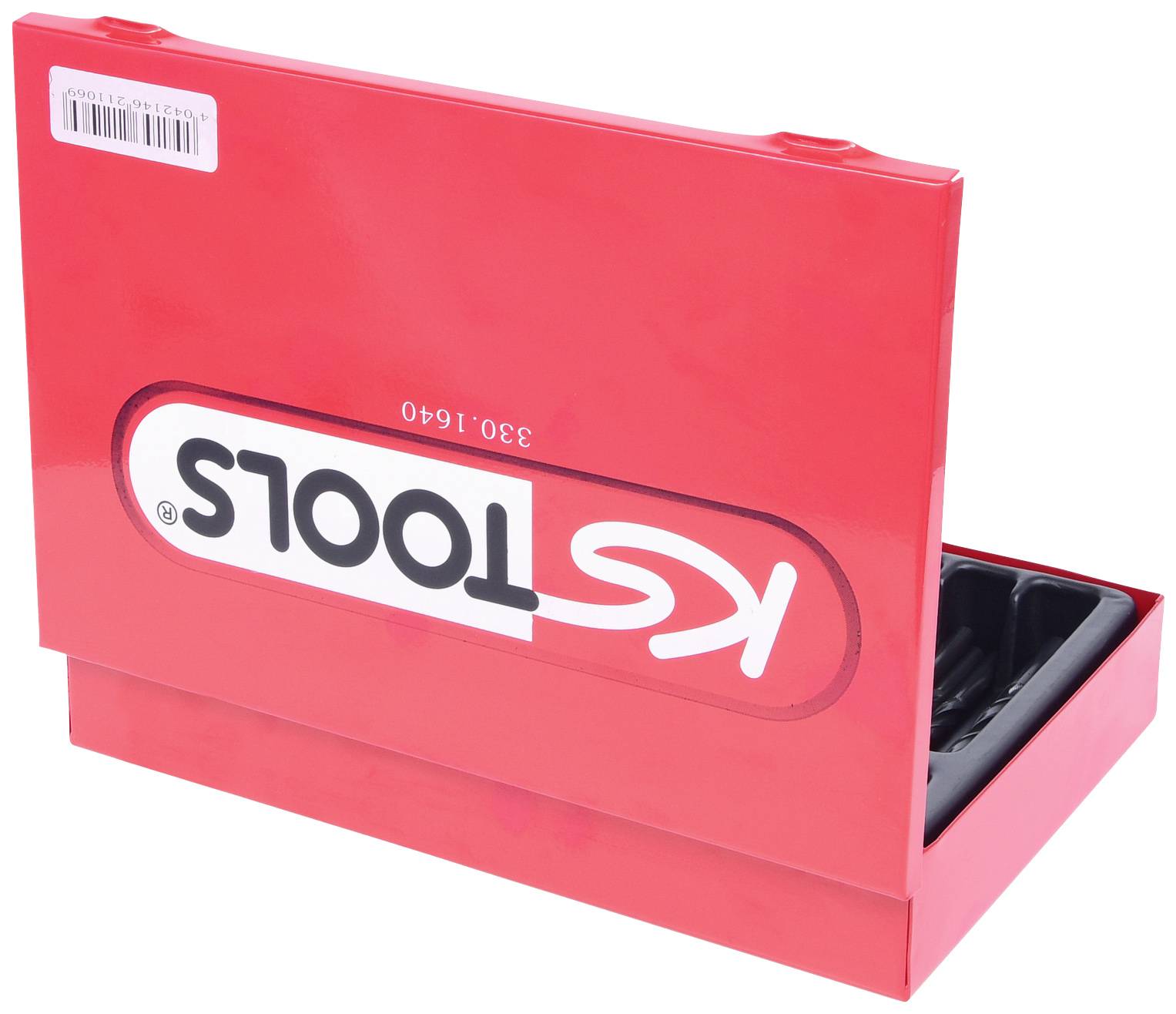 Geöffnete rote Werkzeugkiste mit der Aufschrift 'KS TOOLS', teilweise sichtbar.