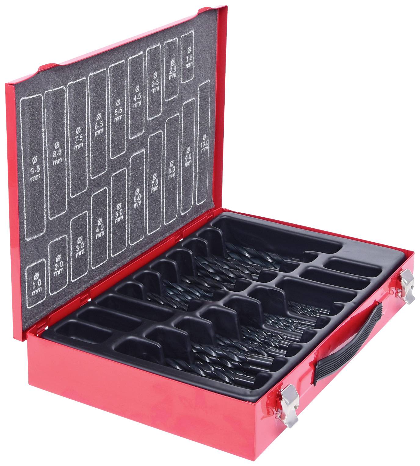 Roter Werkzeugkoffer mit verschiedenen Größen von Bohrern in geordneten Fächern. Offen gezeigt für einfachen Zugriff und Übersicht.