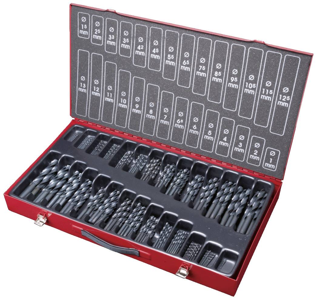 Bohrersatz in roter Box mit Fächern für verschiedene Durchmesser, von 1 mm bis 13 mm. Box ist geöffnet, Bohrer sind ordentlich einsortiert.