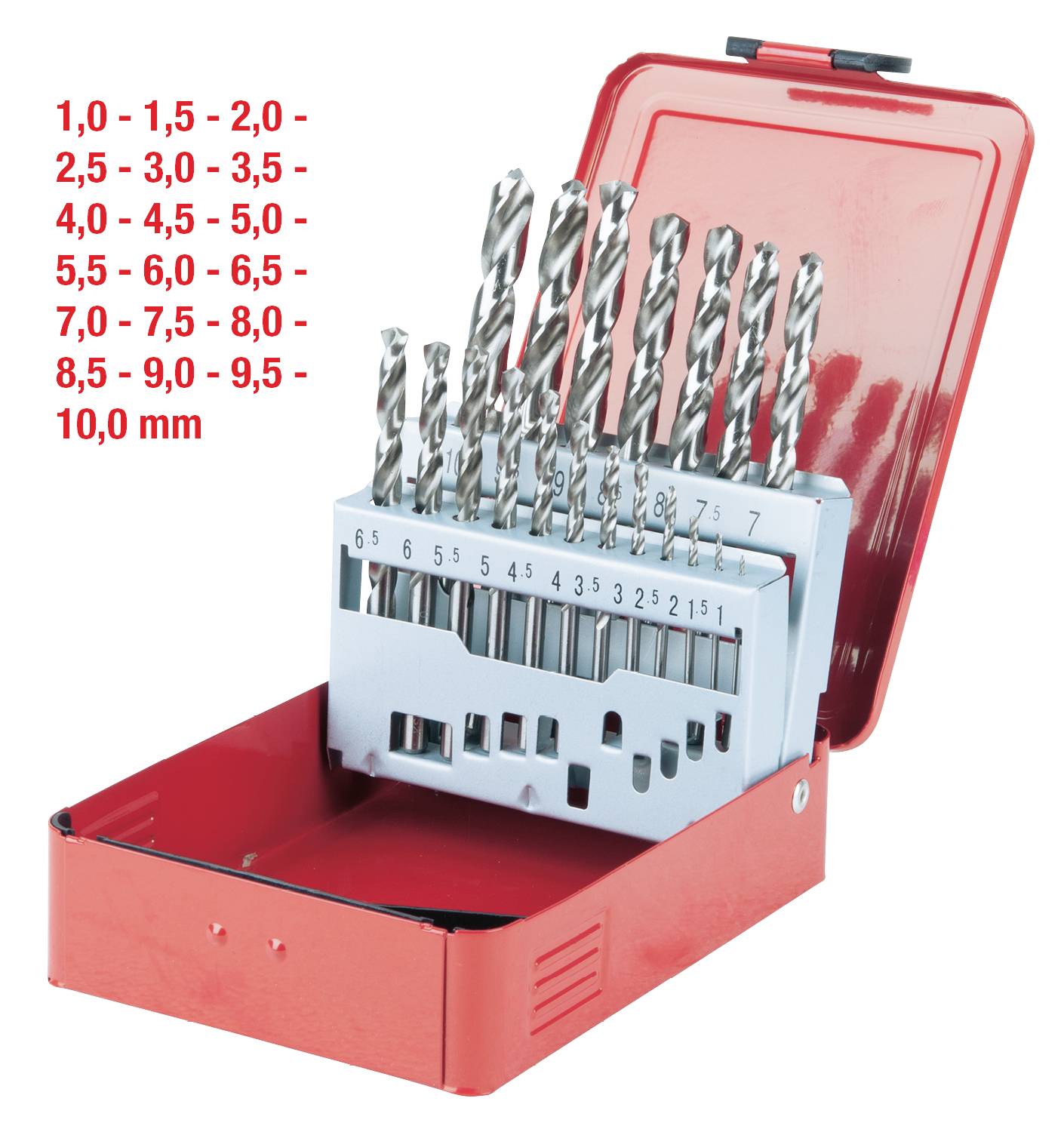 Metallbohrersatz in roter Box, Größen von 1,0 mm bis 10,0 mm. Bohrer sind vertikal angeordnet und nach Größe sortiert.