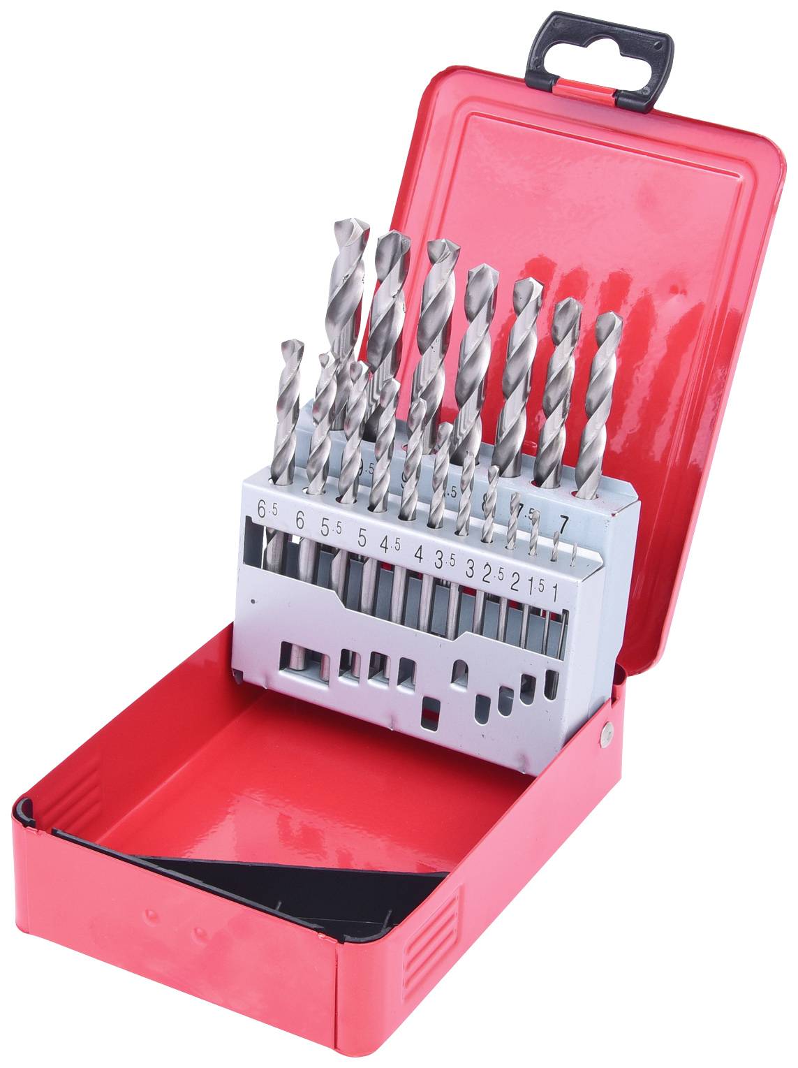Ein Satz von Metallbohrern in verschiedenen Größen, von 2 bis 8 mm, in einer offenen roten Box.