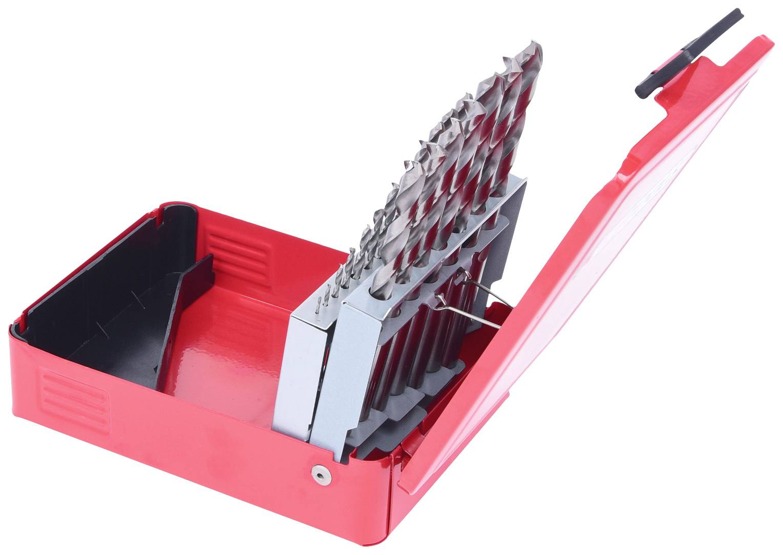 Ein geöffnetes rotes Etui mit mehreren Metallbohrern in verschiedenen Größen, die vertikal angeordnet sind.