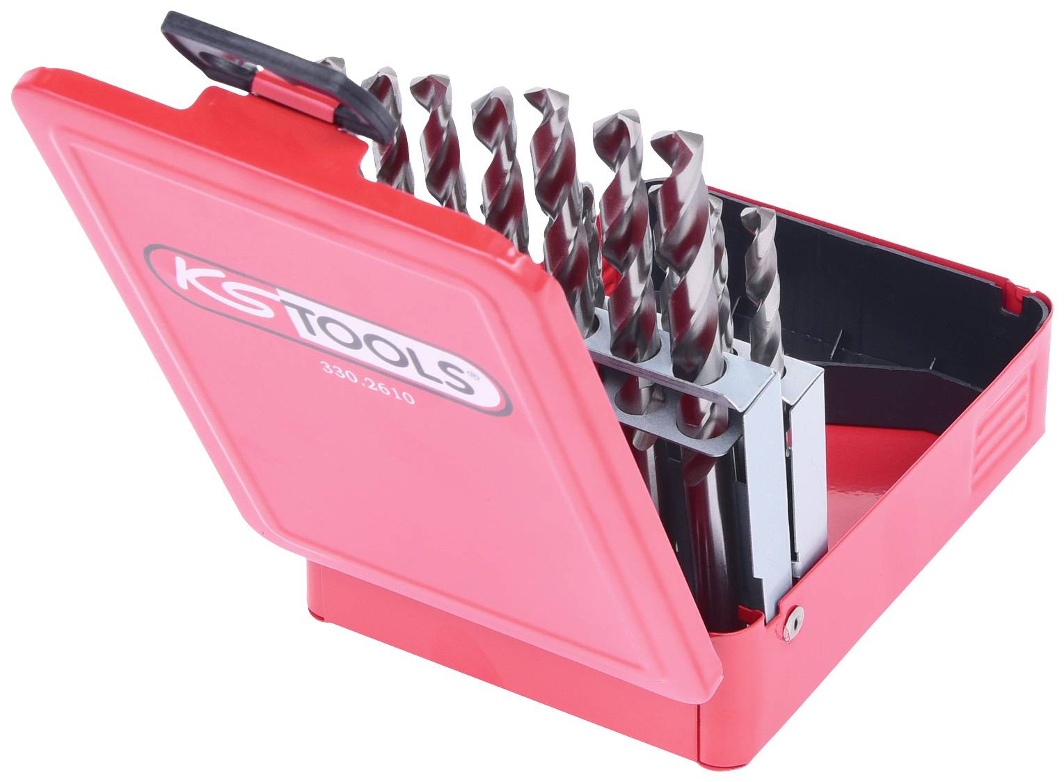 Ein rotes Etui mit Bohrer-Set von KS Tools, geöffnet und schräg positioniert. Die Bohrer sind in Halterungen geordnet.