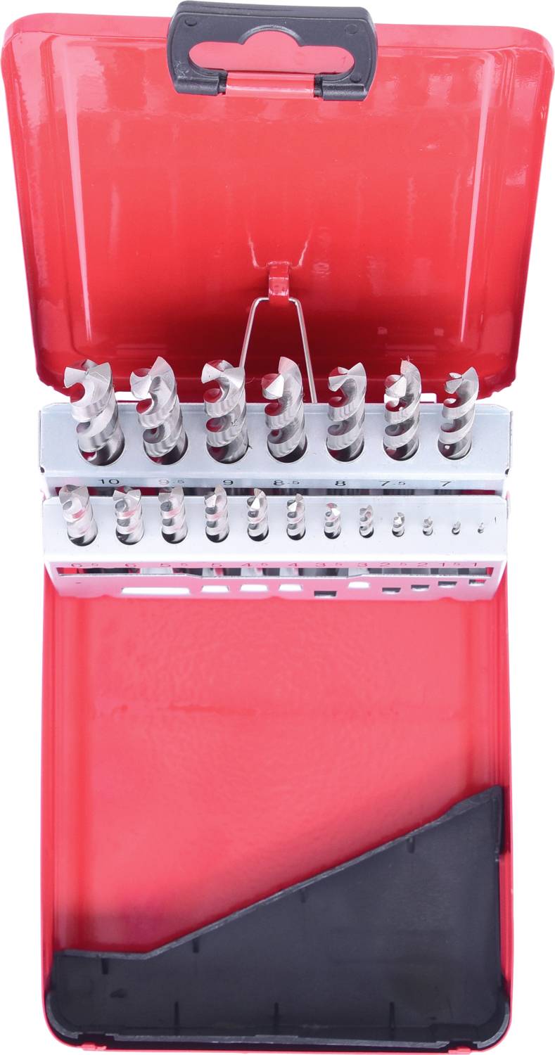 Roter Koffer mit Bohrer-Set in verschiedenen Größen, geordnet und präsentiert.