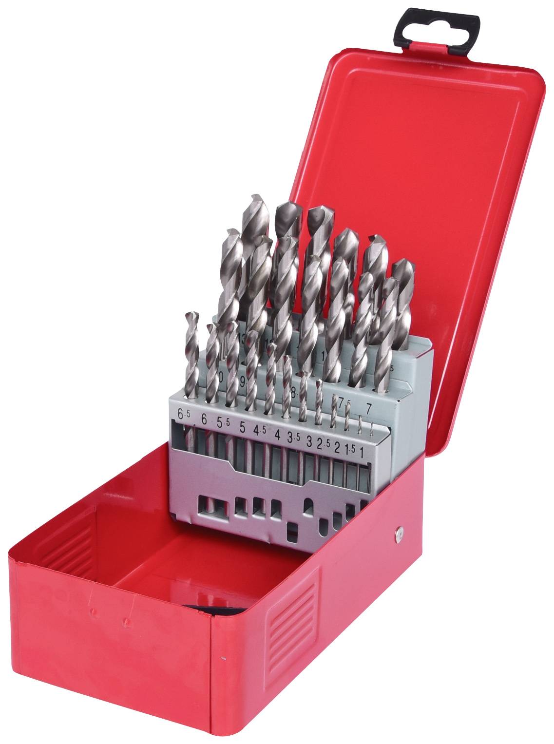 Satz mit Metallbohrern in verschiedenen Größen in einer geöffneten roten Metallbox, geordnet von klein nach groß.