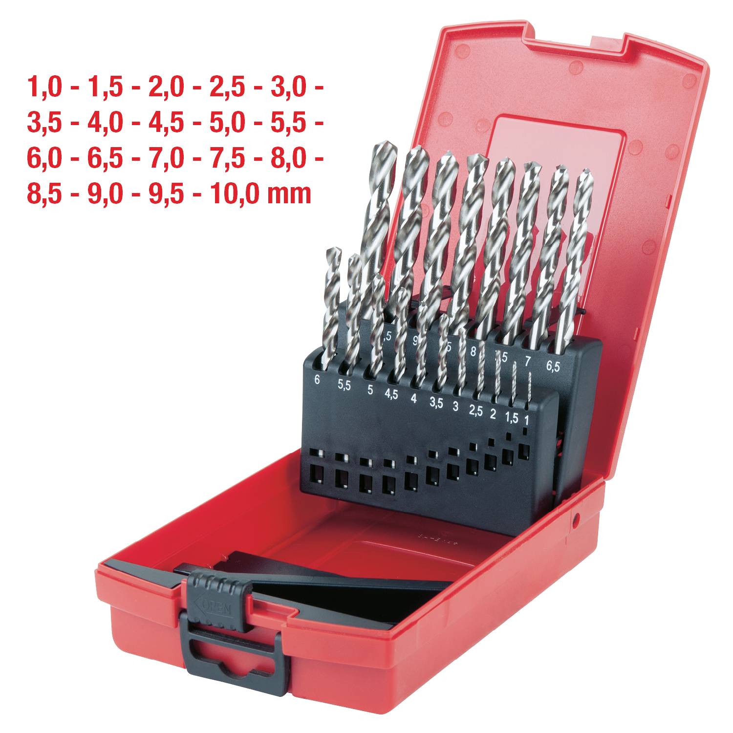 Satz Metallbohrer in einem roten Kunststoffkoffer. Größenangaben von 1,0 mm bis 10,0 mm.